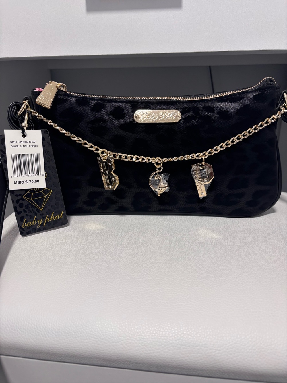 Baby Phat Black Leopard Adjustable Shoulder/Crossbody Bag with Gold Charm Chain